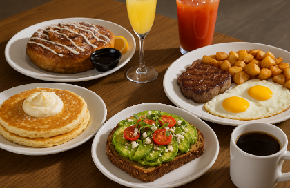 Restaurant table filled with delicious brunch items.